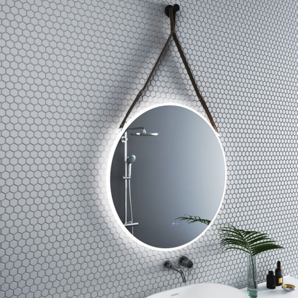 Oglinda cu iluminare si dezaburire Inter Ceramic forma rotunda 80 cm curea maro