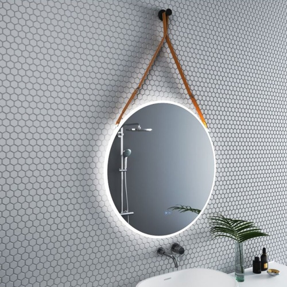 Oglinda cu iluminare si dezaburire Inter Ceramic forma rotunda 80 cm curea maro deschis