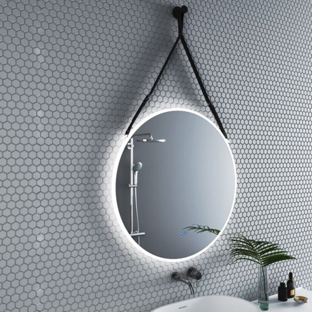 Oglinda cu iluminare si dezaburire Inter Ceramic forma rotunda 80 cm curea neagra