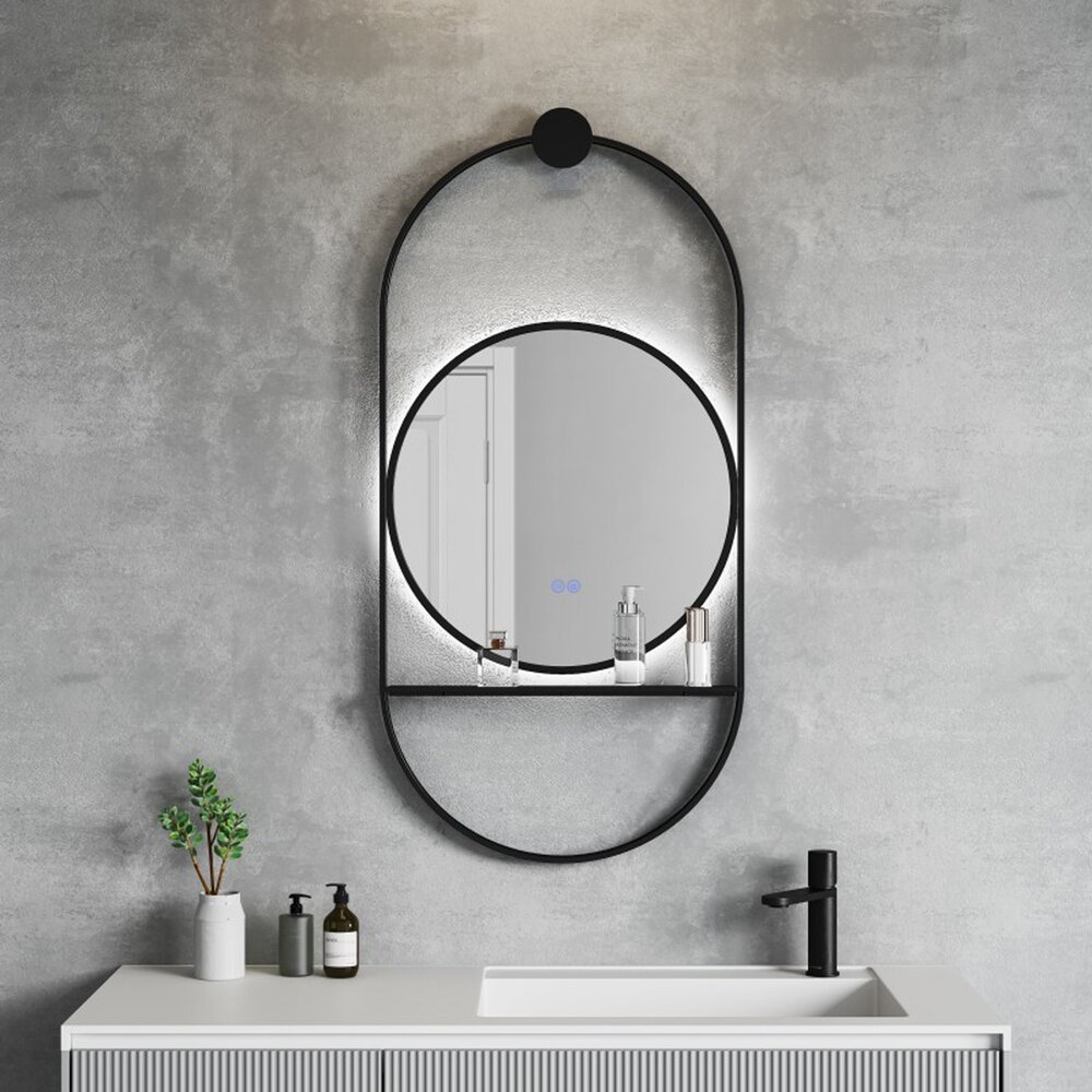 Oglinda cu iluminare si dezaburire Inter Ceramic Savona cu rama neagra 60x124 cm