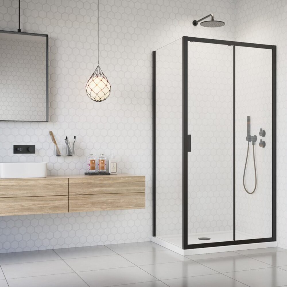 Pachet cabina de dus Alienta Black DWJ+S 120x80 cm, cadita pentru dus Laros D Compact alb si sifon cadita negru