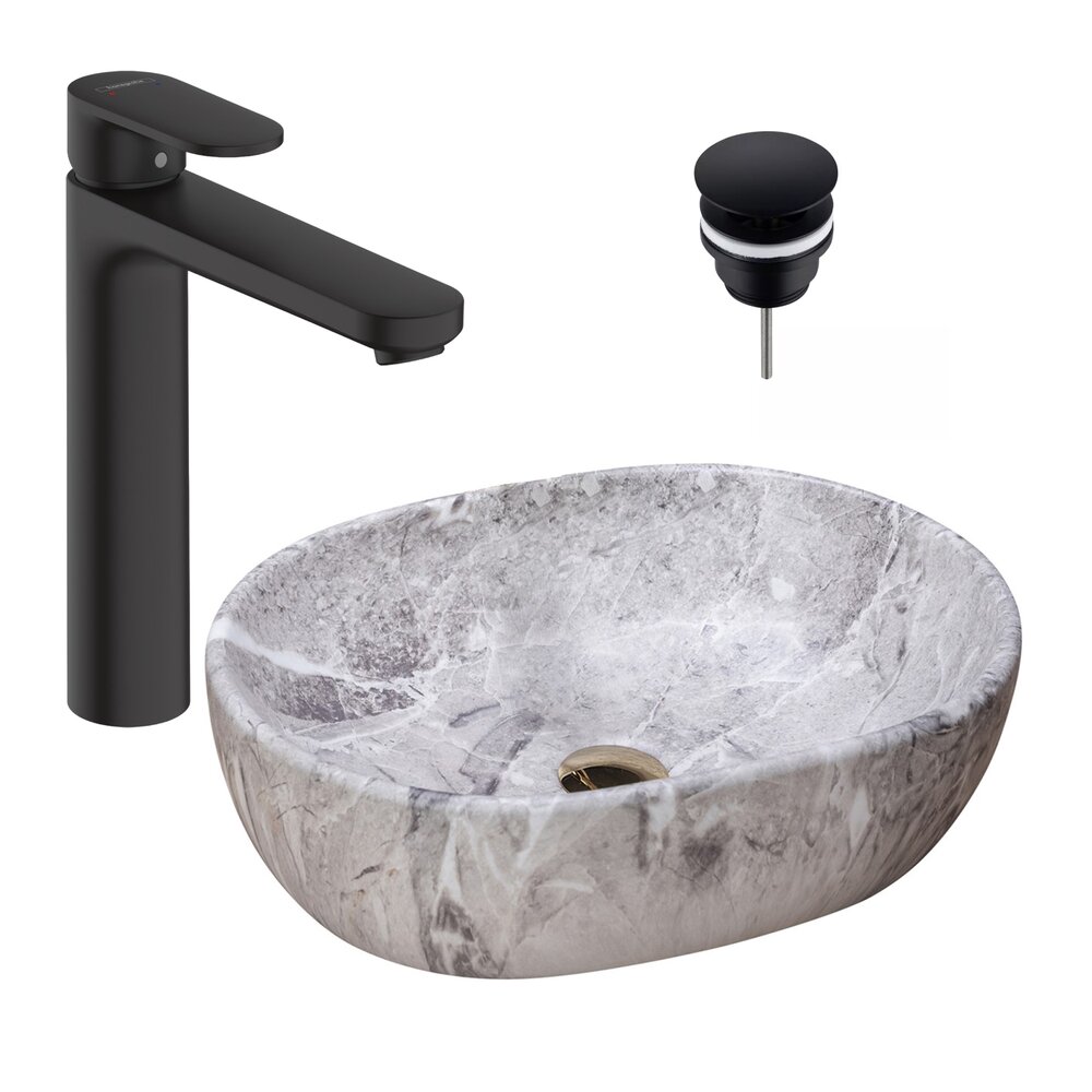 Pachet lavoar pe blat Rea Lara Stone gri 48.5 cm, baterie lavoar Hansgrohe Vernis Blend negru si ventil lavoar Click-Clack D negru