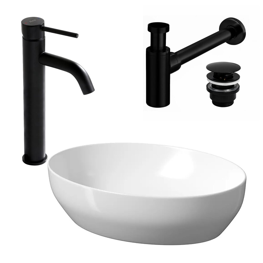 Pachet lavoar pe blat Cersanit Larga alb 50 cm, baterie lavoar Rea Lungo negru si ventil lavoar Click-Clack negru