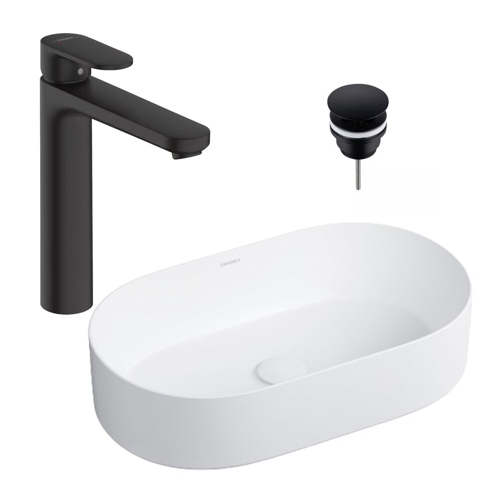 Pachet lavoar pe blat Omnires Mesa alb 53.5 cm, baterie lavoar Hansgrohe Vernis Blend 190 negru si ventil lavoar Click-Clack negru