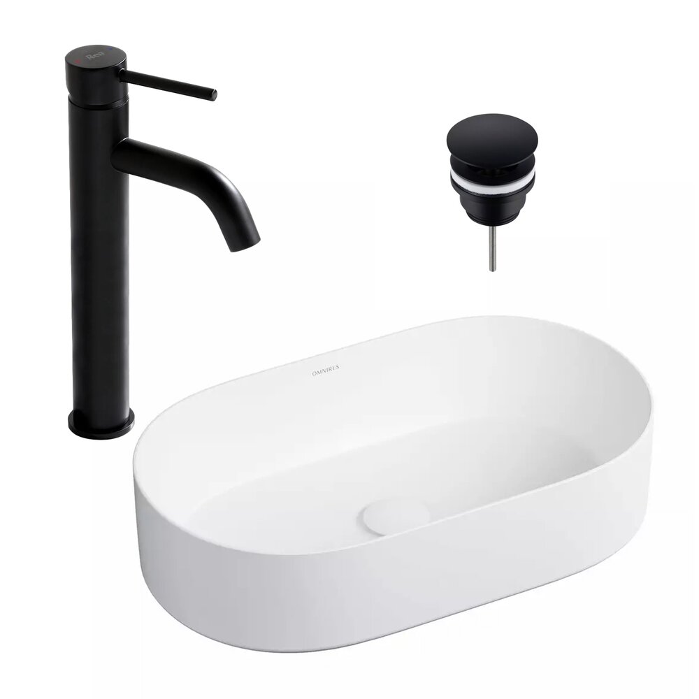 Pachet lavoar pe blat Omnires Mesa alb 53.5 cm, baterie lavoar Rea Lungo negru si ventil lavoar Click-Clack D negru