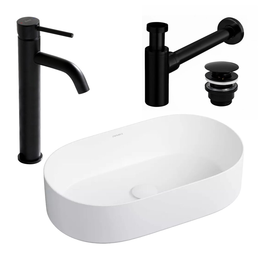Pachet lavoar pe blat Rea Mesa alb 53.5 cm, baterie lavoar Rea Lungo negru si ventil lavoar Click-Clack negru