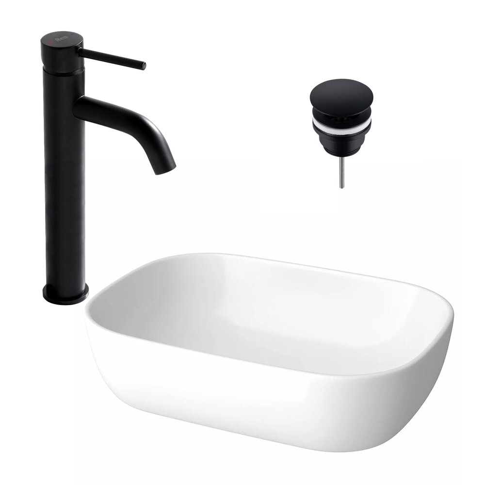Pachet lavoar pe blat Cersanit Moduo alb 50.5 cm, baterie lavoar Rea Lungo negru si ventil lavoar Click-Clack D negru