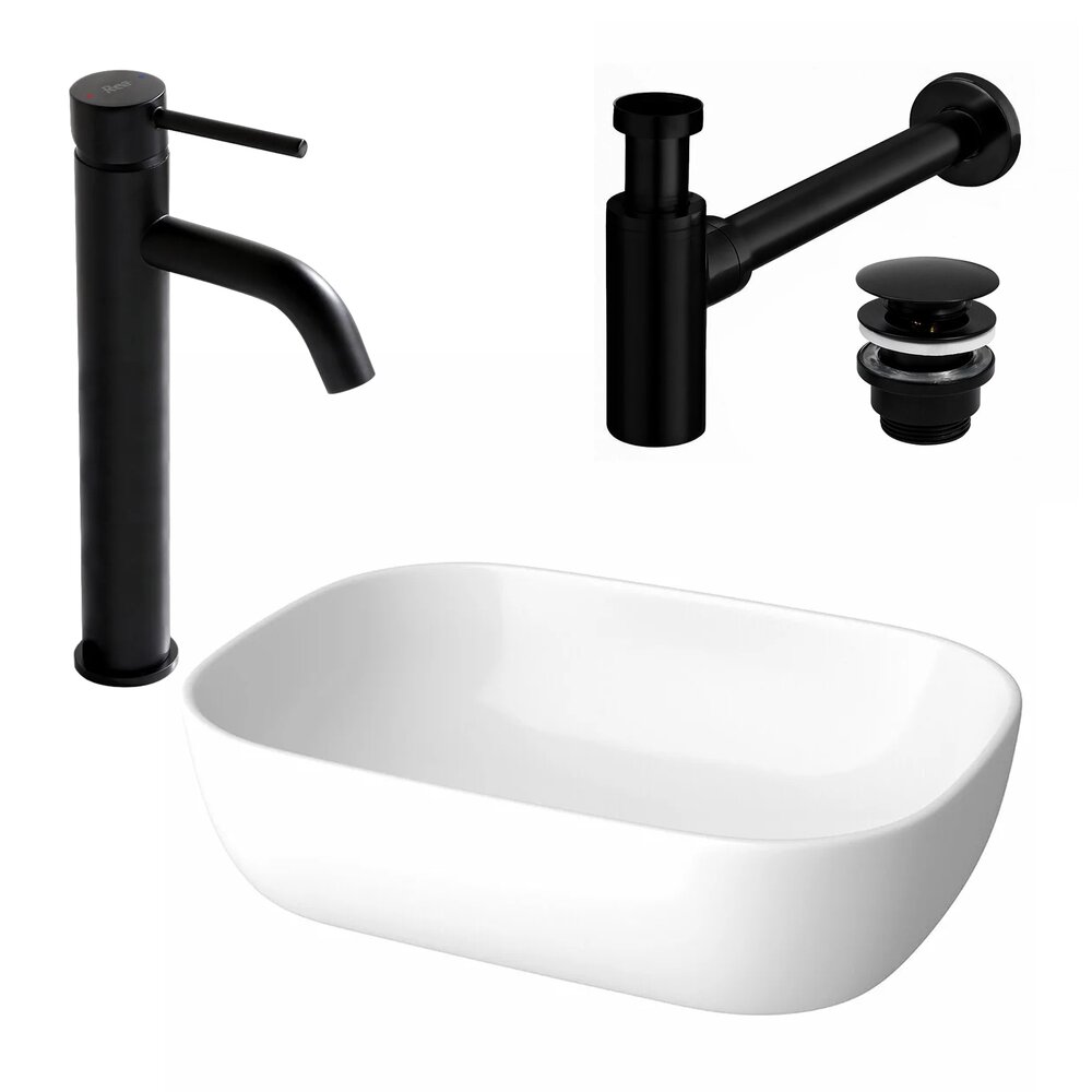 Pachet lavoar pe blat Cersanit Moduo alb 50.5 cm, baterie lavoar Rea Lungo negru si ventil lavoar Click-Clack negru