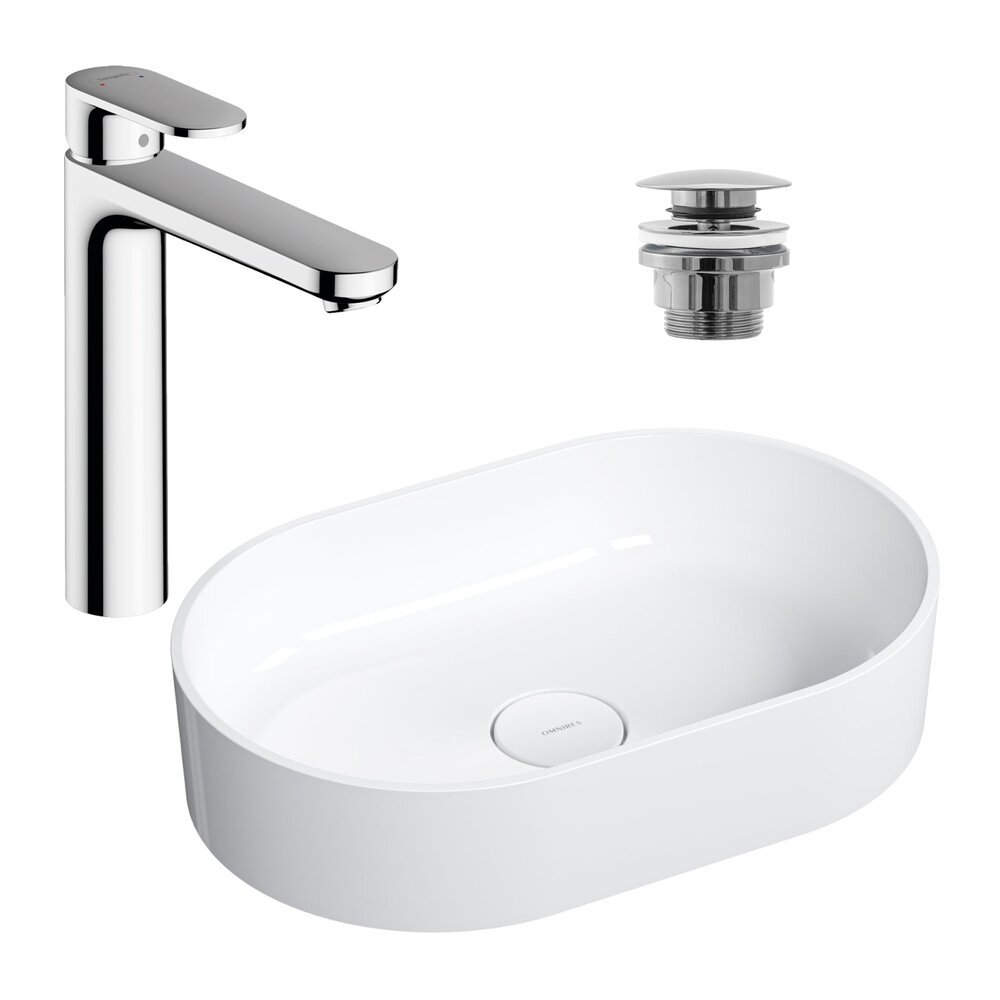 Pachet lavoar pe blat Omnires Ovo M+ alb 55 cm, baterie lavoar Hansgrohe Vernis Blend crom si ventil lavoar Click-Clack crom