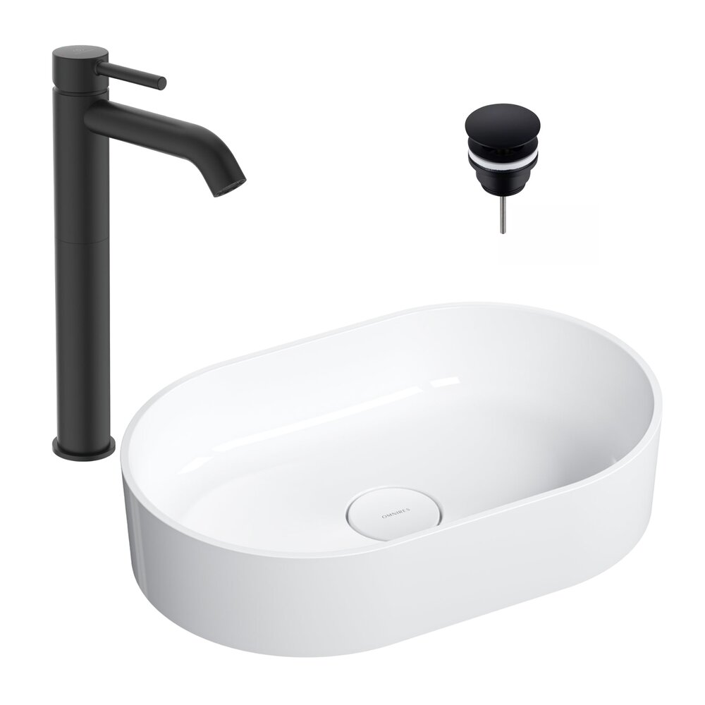 Pachet lavoar pe blat Omnires Ovo M+ alb 55 cm, baterie lavoar Ideal Standard Ceraline negru si ventil lavoar Click-Clack negru