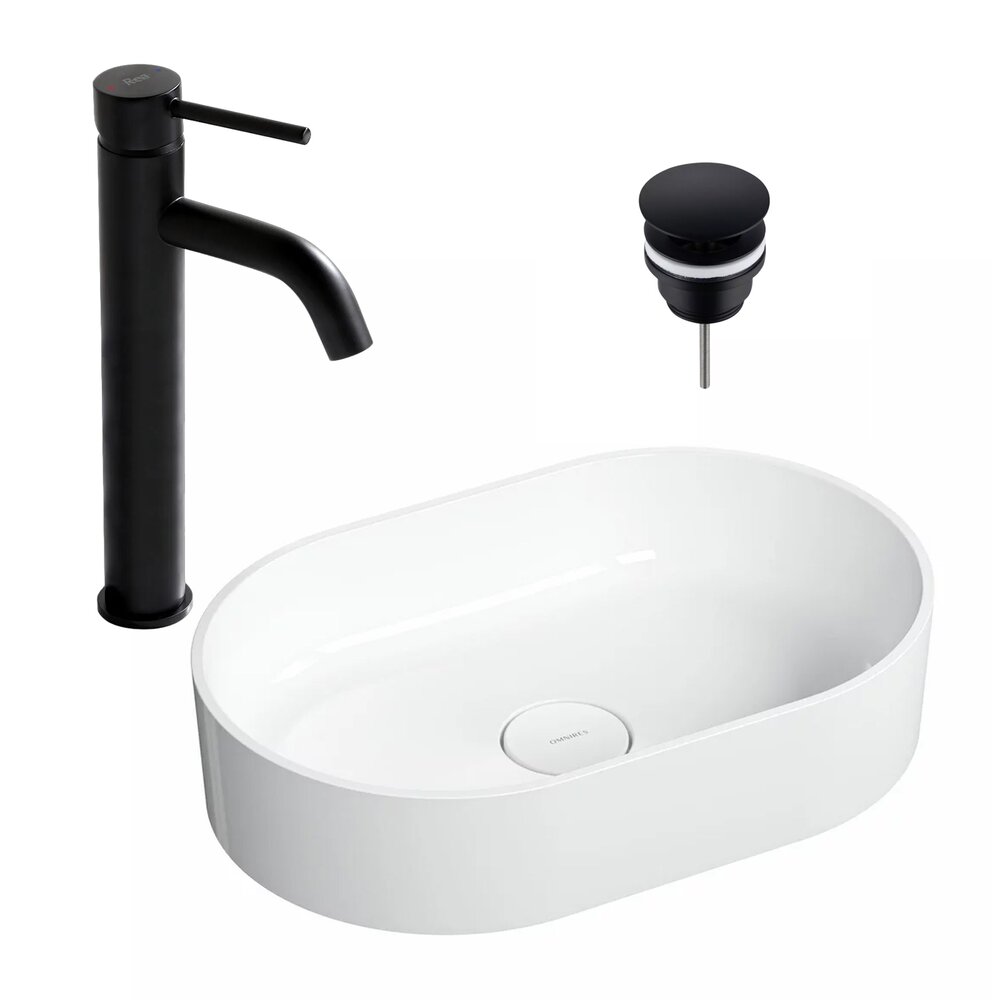 Pachet lavoar pe blat Omnires Ovo M+ alb 55 cm, baterie lavoar Rea Lungo negru si ventil lavoar Click-Clack D negru