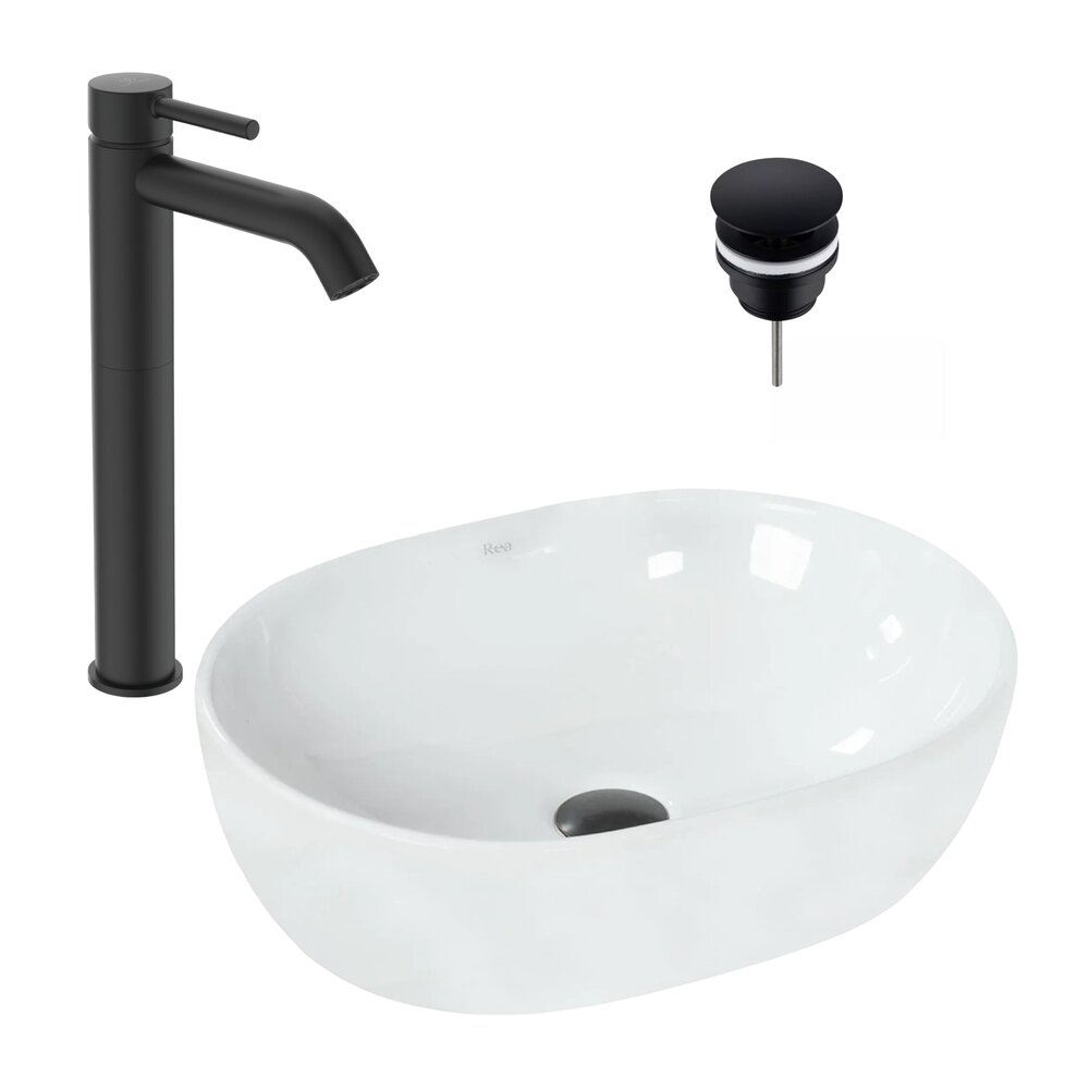 Pachet lavoar pe blat Rea alb 48 cm, baterie lavoar Ideal Standard Ceraline negru si ventil lavoar Click-Clack negru