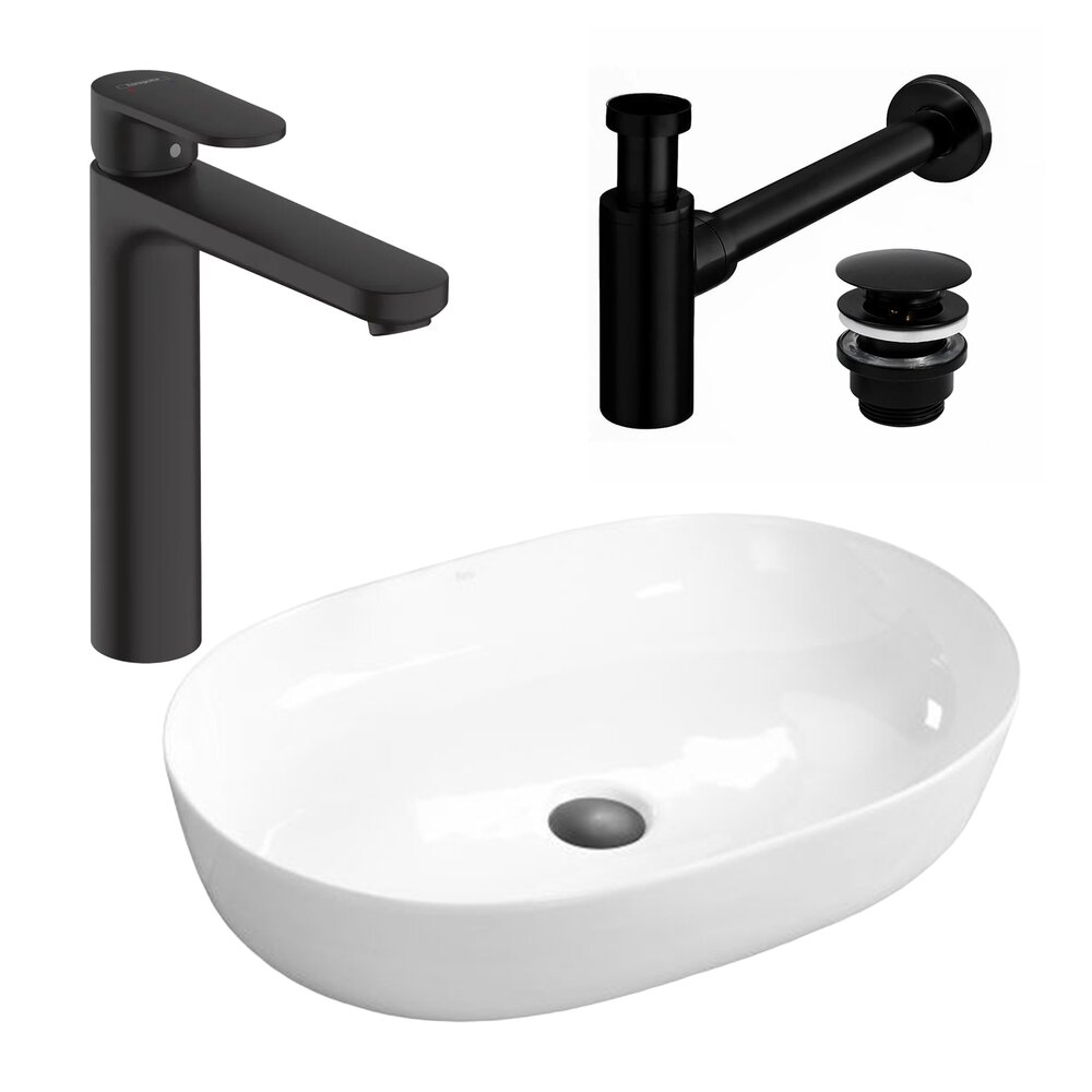 Pachet lavoar pe blat Rea Cleo alb 61 cm, baterie lavoar Hansgrohe Vernis Blend negru si ventil lavoar Click-Clack negru