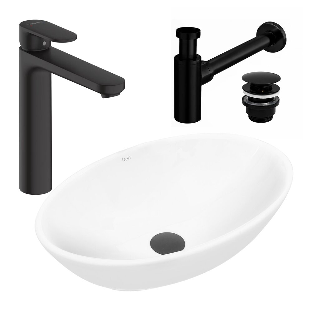 Pachet lavoar pe blat Rea Pamela alb 53 cm, baterie lavoar Hansgrohe Vernis Blend 190 negru si ventil lavoar Click-Clack negru