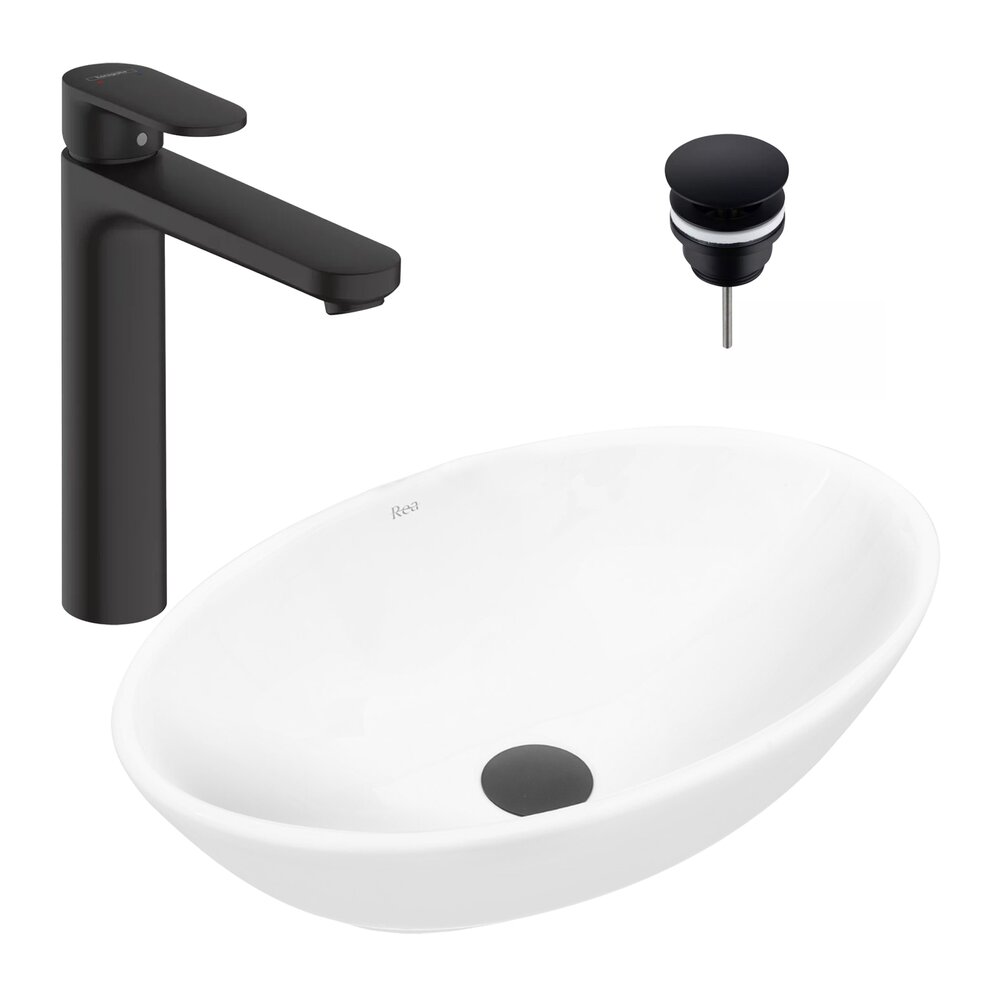 Pachet lavoar pe blat Rea Pamela alb 53 cm, baterie lavoar Hansgrohe Vernis Blend 190 negru si ventil lavoar Click-Clack negru