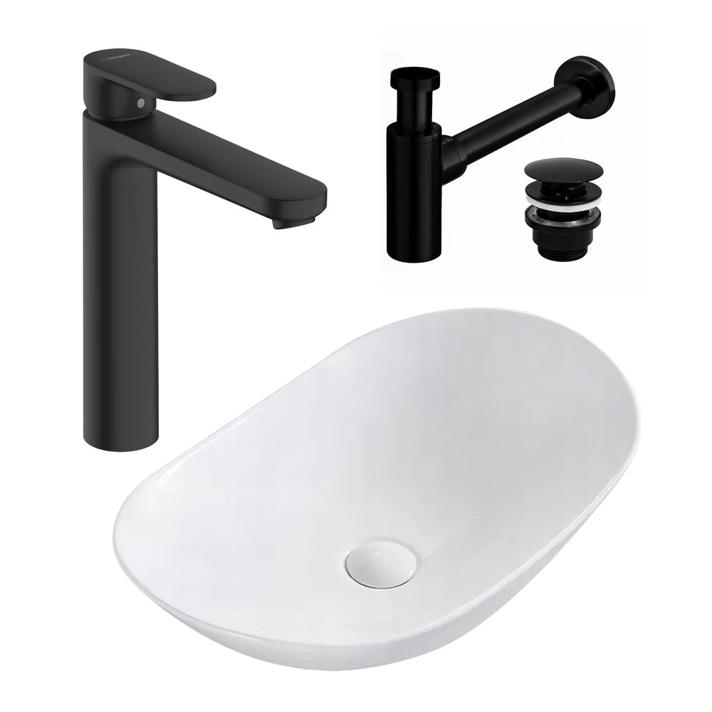 Pachet lavoar pe blat Rea Royal alb 62.5 cm, baterie lavoar Hansgrohe Vernis Blend 190 negru si ventil lavoar Click-Clack negru