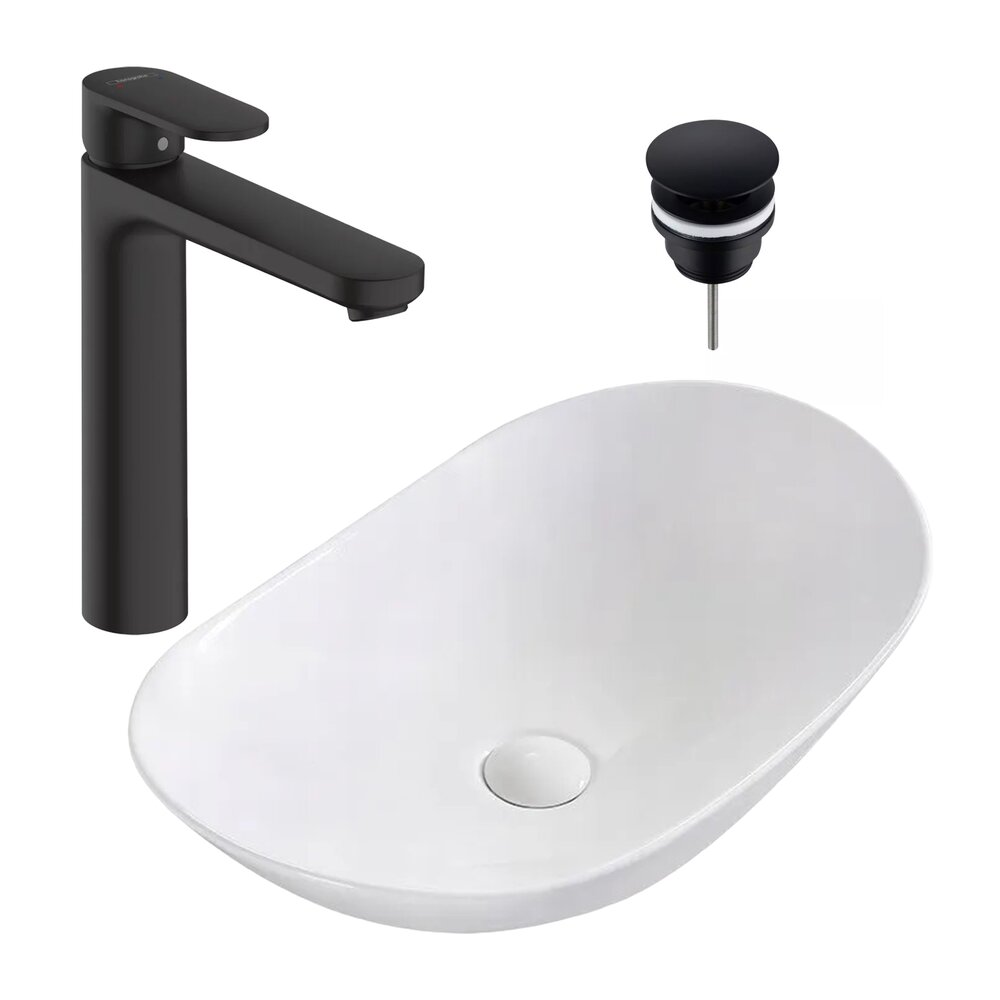 Pachet lavoar pe blat Rea Royal alb 62.5 cm, baterie lavoar Hansgrohe Vernis Blend 190 negru si ventil lavoar Click-Clack negru