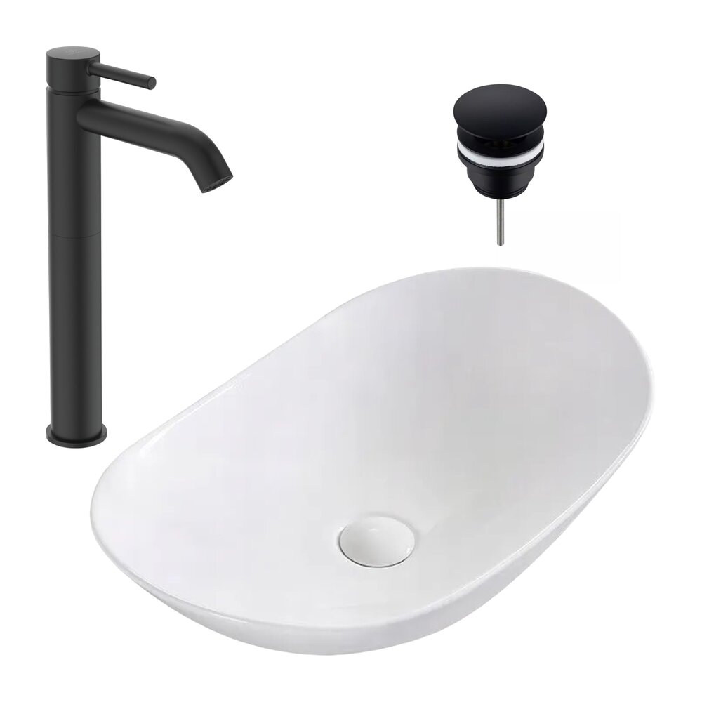 Pachet lavoar pe blat Rea Royal alb 62.5 cm, baterie lavoar Ideal Standard Ceraline negru si ventil lavoar Click-Clack D negru