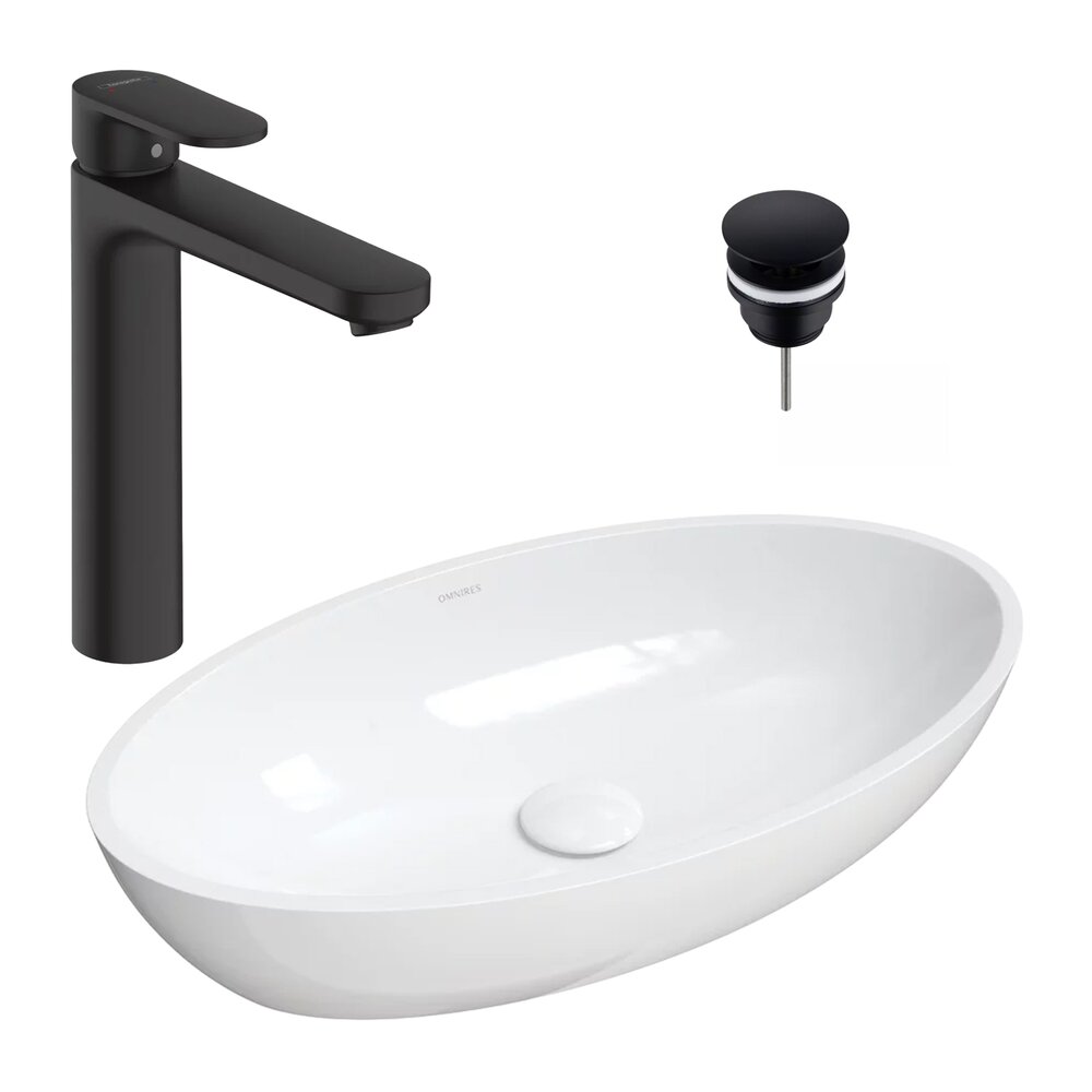 Pachet lavoar pe blat Omnires Siena M+ alb 60 cm, baterie lavoar Hansgrohe Vernis Blend negru si ventil lavoar Click-Clack negru