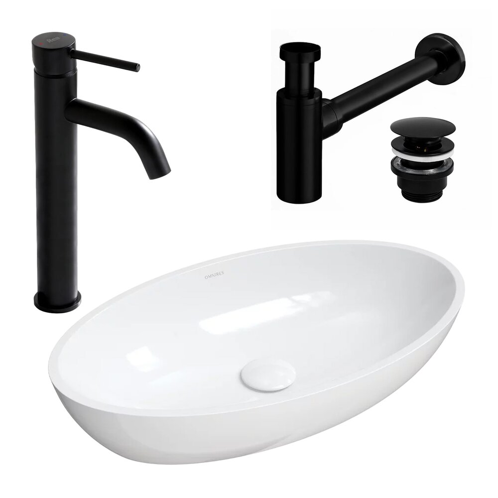 Pachet lavoar pe blat Omnires Siena M+ alb 60 cm, baterie lavoar Rea Lungo negru si ventil lavoar Click-Clack negru