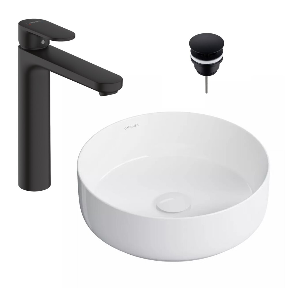 Pachet lavoar pe blat Omnires Tulsa alb 36 cm, baterie lavoar Hansgrohe Vernis Blend negru si ventil lavoar Click-Clack D negru