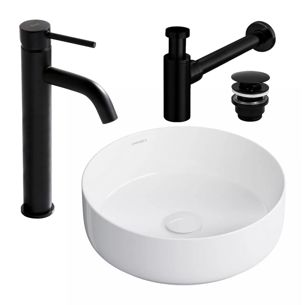 Pachet lavoar pe blat Omnires Tulsa alb 36 cm, baterie lavoar Rea Lungo negru si ventil lavoar Click-Clack negru