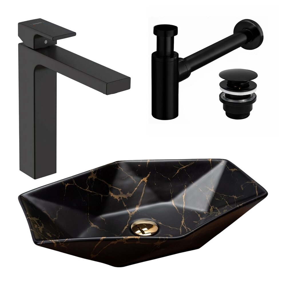 Pachet lavoar Rea Vegas negru, baterie lavoar Hansgrohe Vernis Shape 190 negru mat si ventil lavoar universal negru