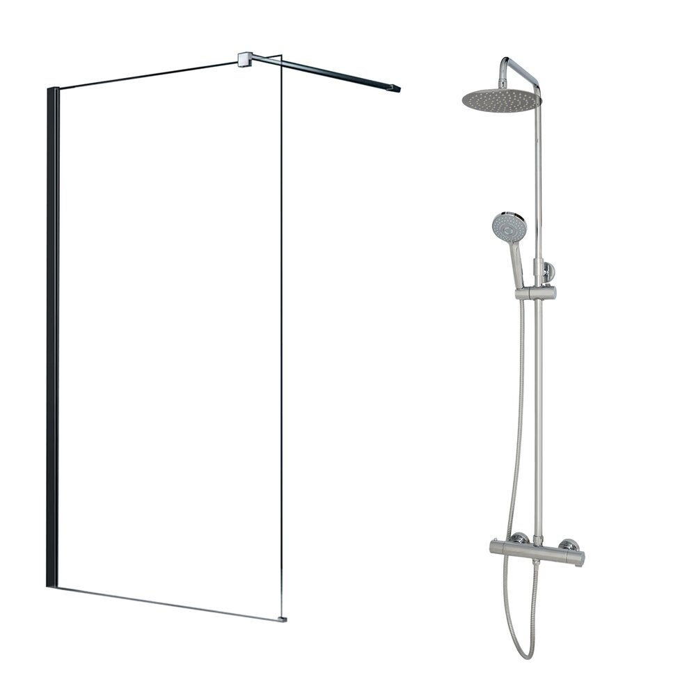 Pachet paravan dus Walk-In Fluminia Foxy crom 90x200 cm si coloana de dus Omnires Y crom