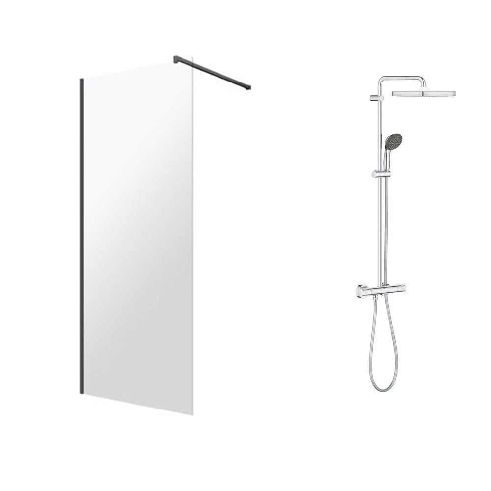 Pachet paravan dus Walk-In Omnires Marina crom 100x200 cm si coloana de dus cu baterie termostatata Grohe Vitalio Start Cube 250 crom lucios
