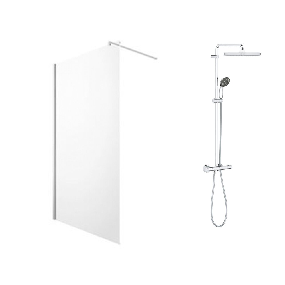 Pachet paravan dus Walk-In Omnires Marina crom 90x200 cm si coloana de dus cu baterie termostatata Grohe Vitalio Start Cube 250 crom lucios