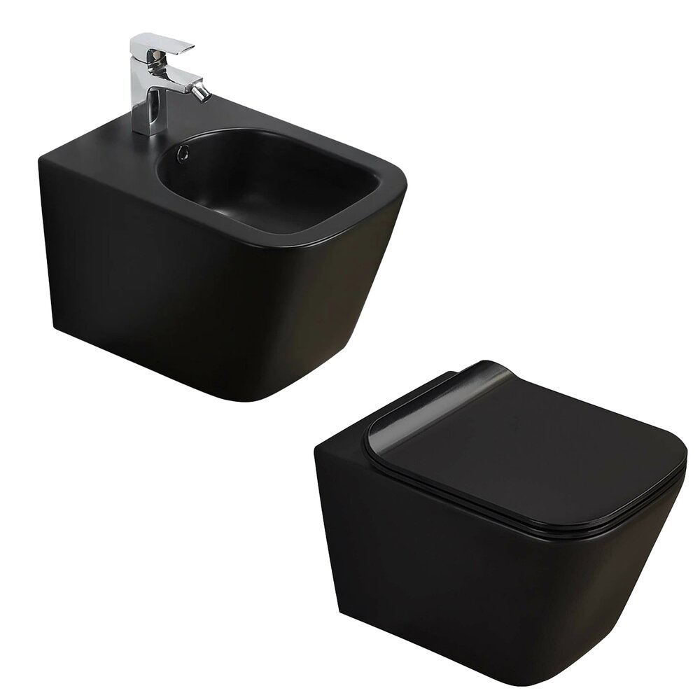 Pachet vas wc negru mat, capac slim softclose si bideu suspendat negru mat Rune Jord