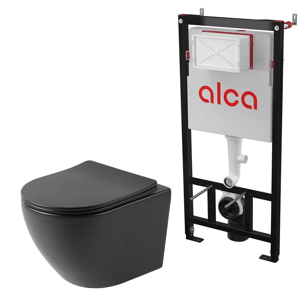 Pachet vas wc negru mat Rune Ivaldi, capac slim softclose si rezervor wc cu cadru incastrat Alcadrain Sadromodul AM101/1120