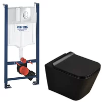 Pachet vas wc negru mat Rune Jord, capac slim softclose si rezervor Grohe Rapid SL cu clapeta cromata Skate Air