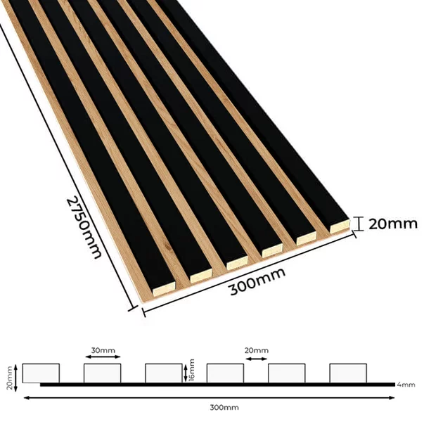 Panou riflaj decorativ/acustic Lameo Mini negru mat (HDF stejar) 30x275 cm picture - 2