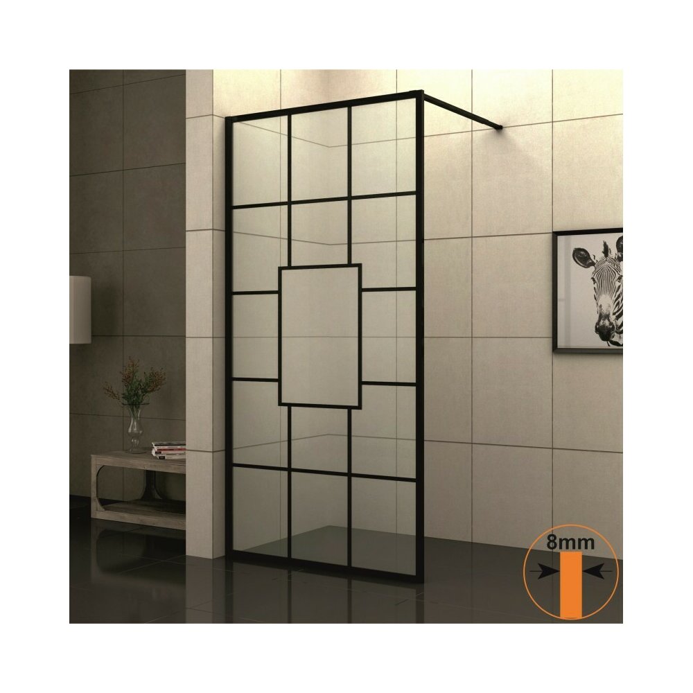 Paravan de dus tip Walk-In Inter Ceramic profil negru 70x200 cm sticla transparenta cu linii negre
