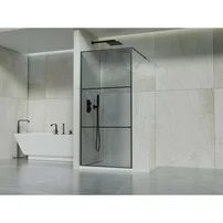 Paravan de dus tip Walk-In Inter Ceramic profil negru mat - sticla fumurie cu lini negre 90x190 cm