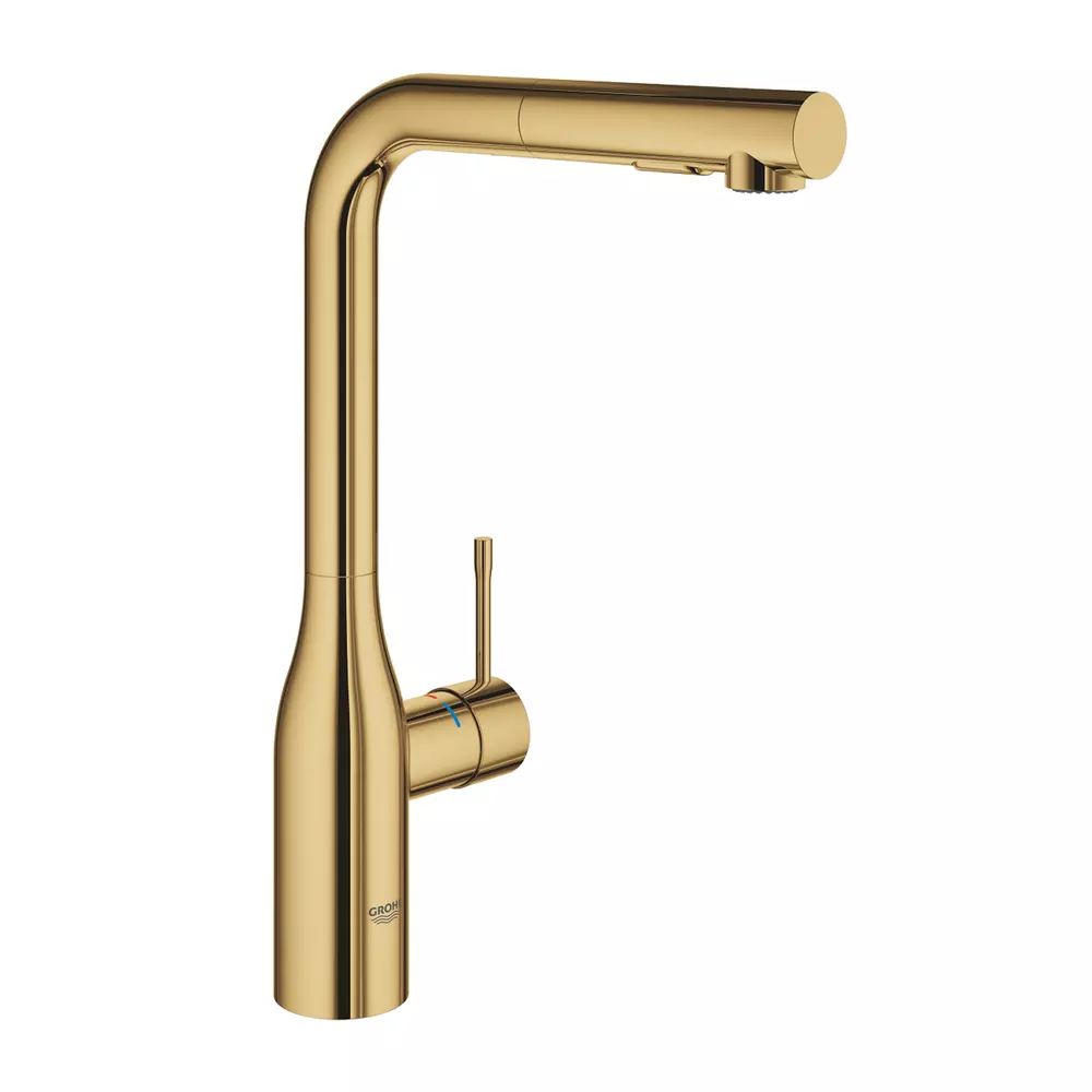 Baterie bucatarie cu dus extractabil Grohe Essence inalta auriu lucios Cool Sunrise