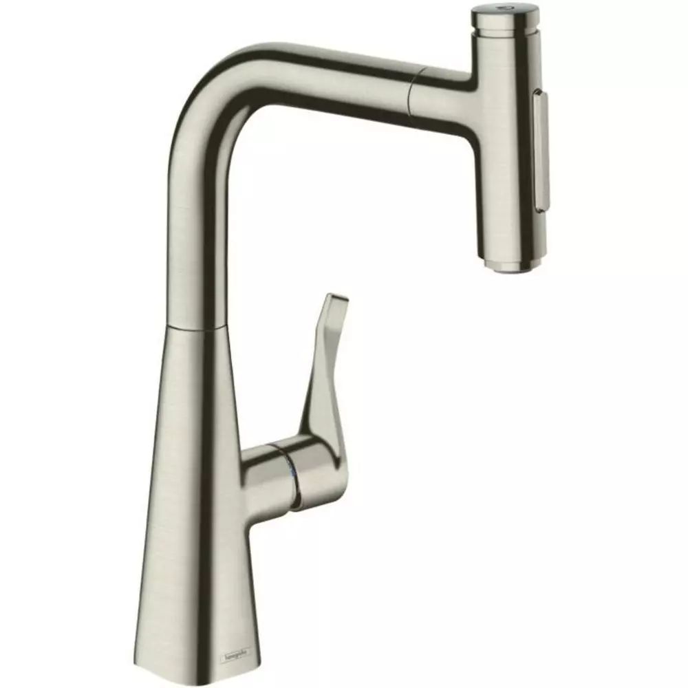 Baterie bucatarie cu dus extractibil Hansgrohe Metris Select M71 240 cu 2 jeturi finisaj otel inoxidabil sBox inclus