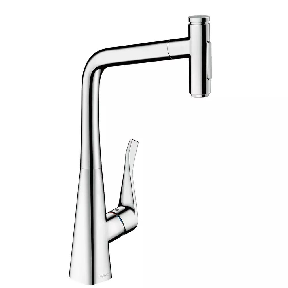 Baterie bucatarie cu dus extractibil Hansgrohe Metris Select M71 320 cu 2 jeturi finisaj crom lucios si sBox