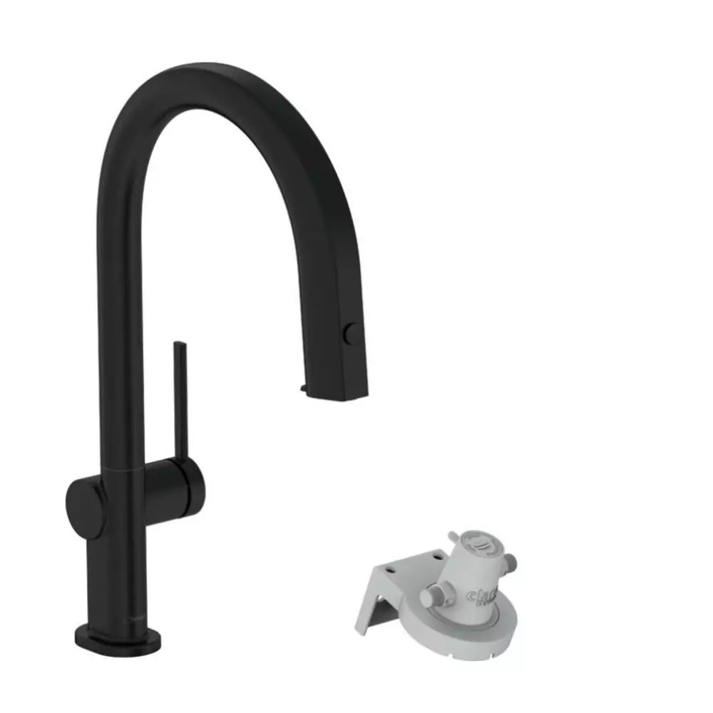 Baterie bucatarie cu dus extractibil si filtru de apa negru mat Hansgrohe Aquittura Select M91 210 cu 1 jet