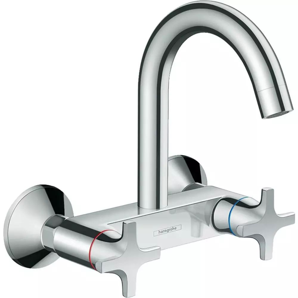 Baterie bucatarie dubla comanda Hansgrohe Logis M32 pipa inalta cu 1 jet manere cruce crom lucios
