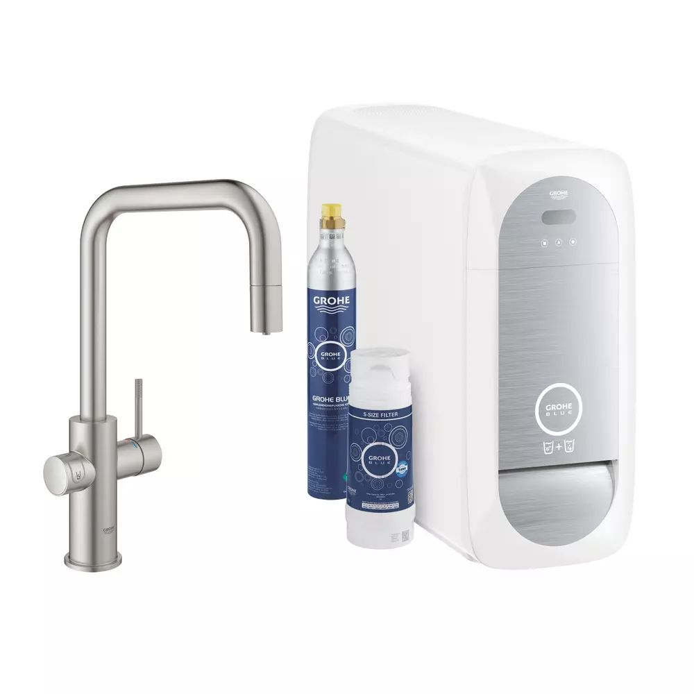 Baterie bucatarie Grohe Blue Home Ondus crom periat Supersteel pipa tip U si Starter Kit