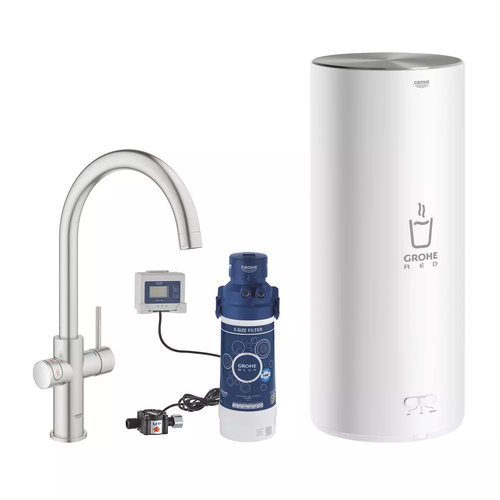 Baterie bucatarie Grohe Red Duo crom periat Supersteel pipa tip C si boiler marimea L
