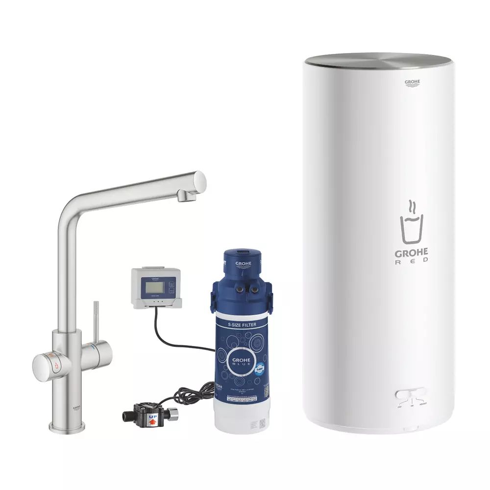 Baterie bucatarie Grohe Red Duo crom periat Supersteel pipa tip L si boiler marimea L