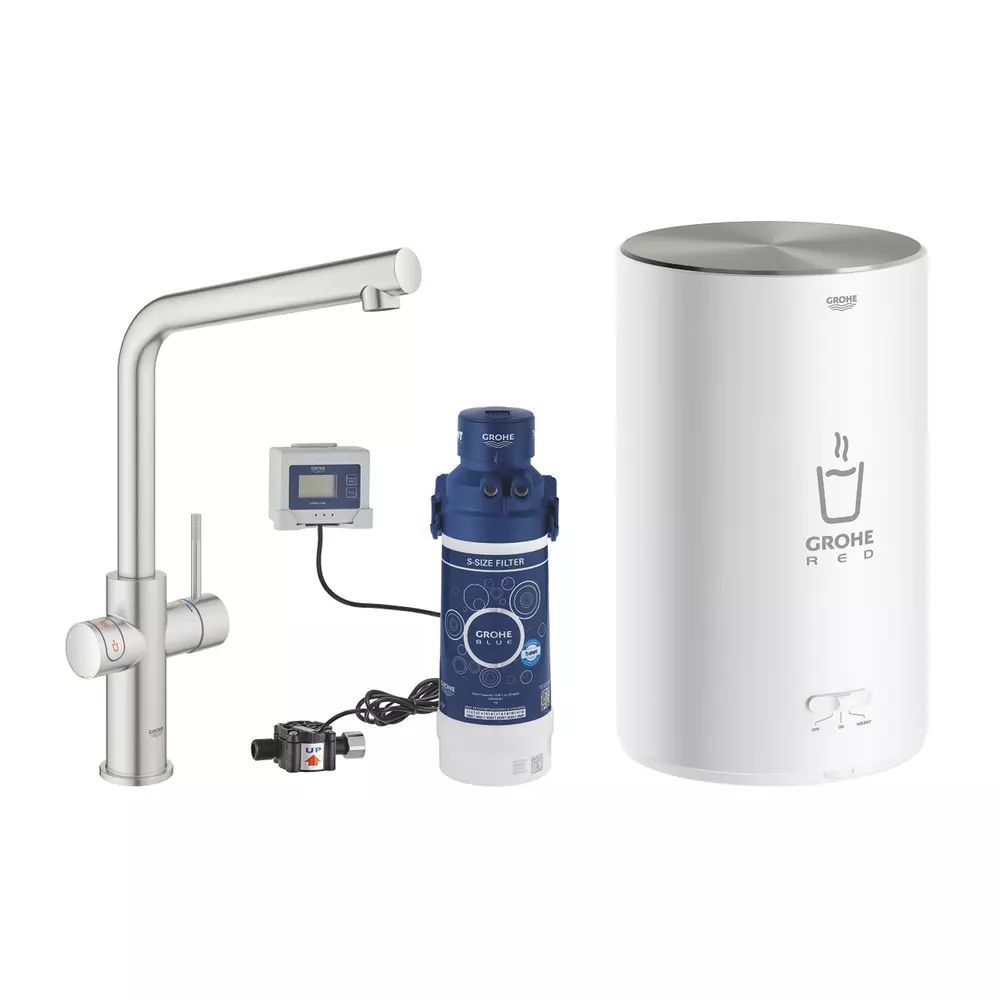 Baterie bucatarie Grohe Red Duo crom periat Supersteel pipa tip L si boiler marimea M