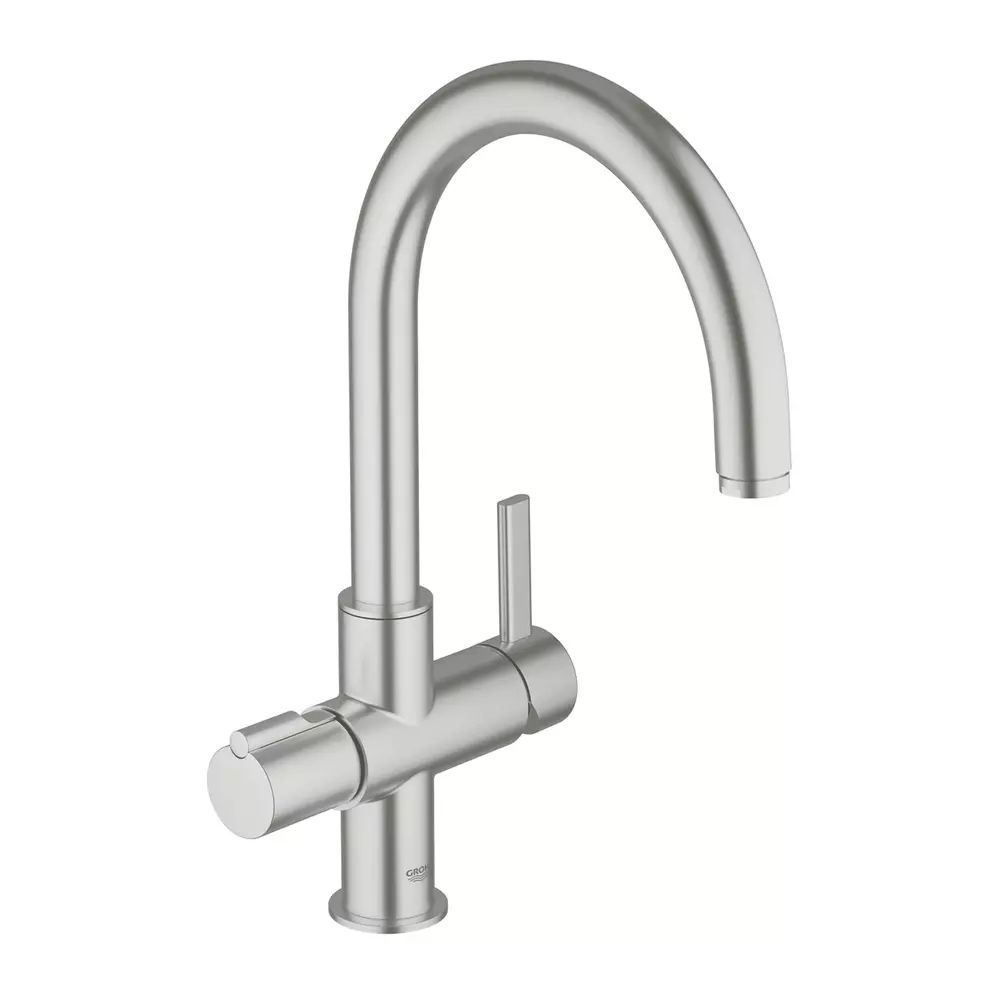 Baterie bucatarie Grohe Red Duo crom periat Supersteel monocomanda pipa curbata