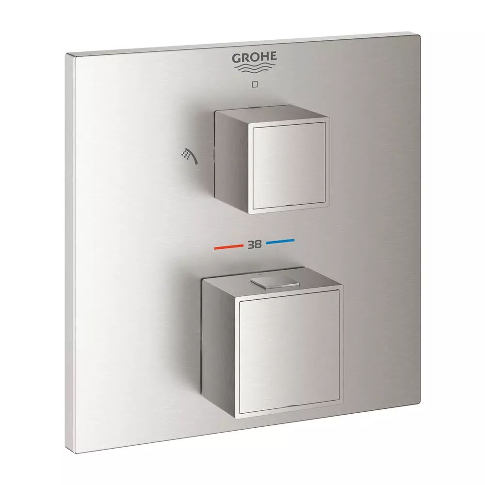 Baterie dus incastrata Grohtherm Cube 2 iesiri termostatata crom periat Supersteel fara corp ingropat