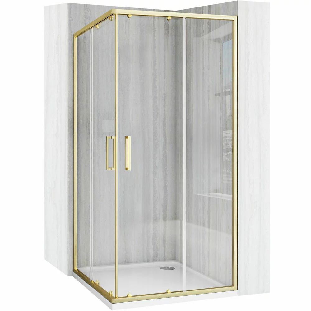 Cabina de dus patrata cu usi glisante auriu Rea City 90x90 cm si cadita alba