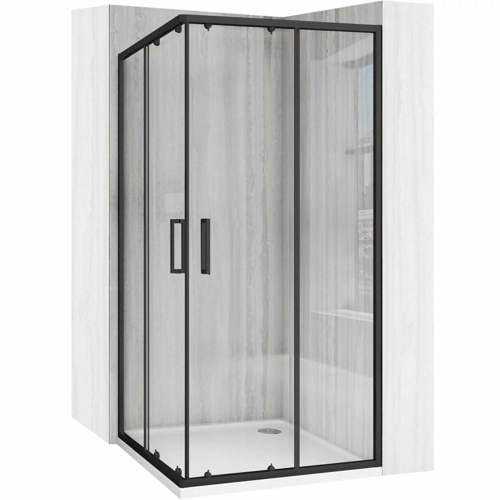 Cabina de dus patrata cu usi glisante negru Rea City 90x90 cm si cadita neagra