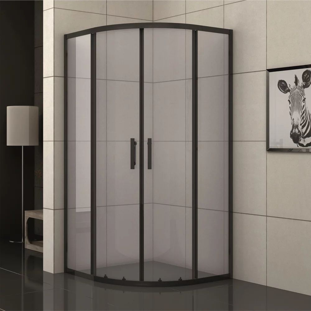 Cabina de dus semirotunda Inter Ceramic cu usi glisante 80x80 cm negru mat - transparent fumuriu